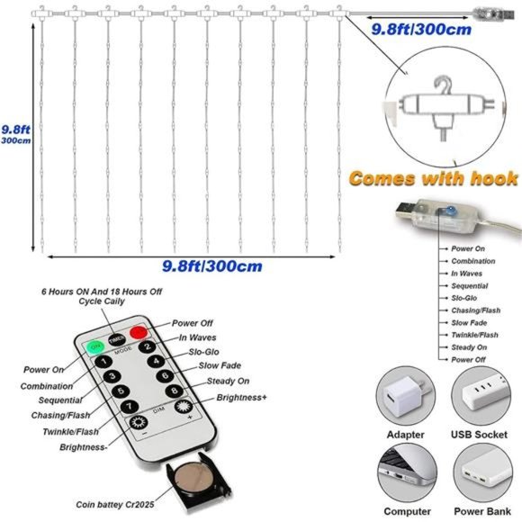 Led Curtain Lights 300 LED 8 Modes USB with Remote for Home - Picture 3 of 6